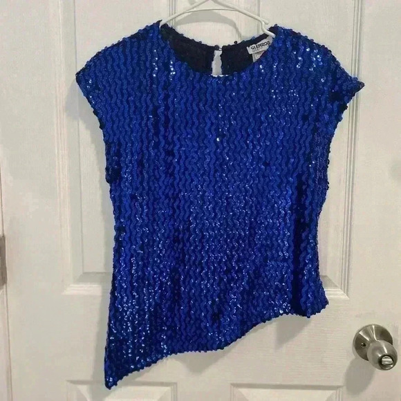 1980s Blue Sequin Sleeveless Blouse by Glenrob Size Medium - Picture 1 of 10